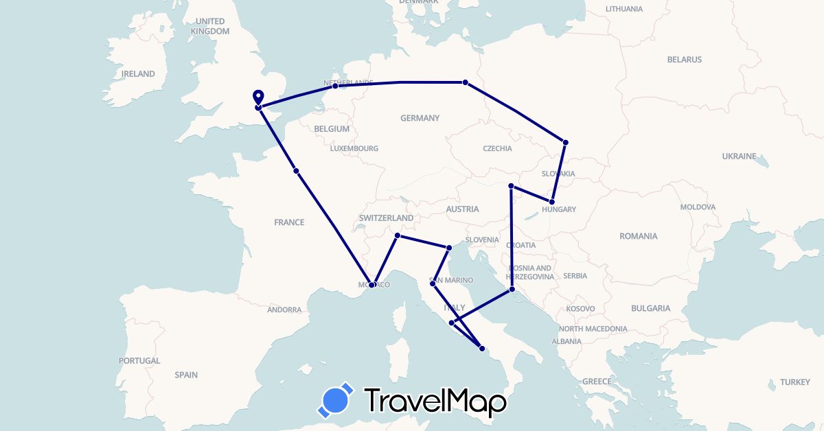 TravelMap itinerary: driving in Austria, Switzerland, Germany, France, United Kingdom, Croatia, Hungary, Italy, Monaco, Netherlands, Poland (Europe)